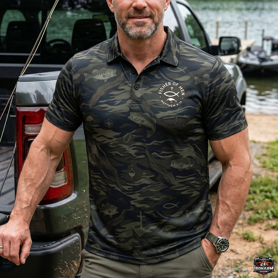 Christian Bass Fishing Camo Pattern Polo Shirt BFP1013