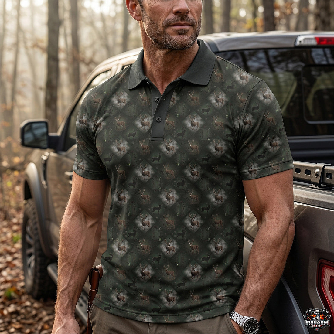 Dark Green Deer Camo Pattern Bowhunting Polo Shirt BHP1003