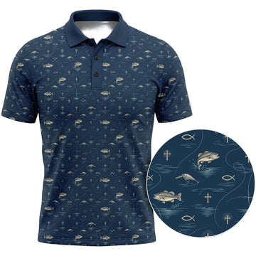 Blue Christian Fishing Pattern Polo Shirt BFP1014