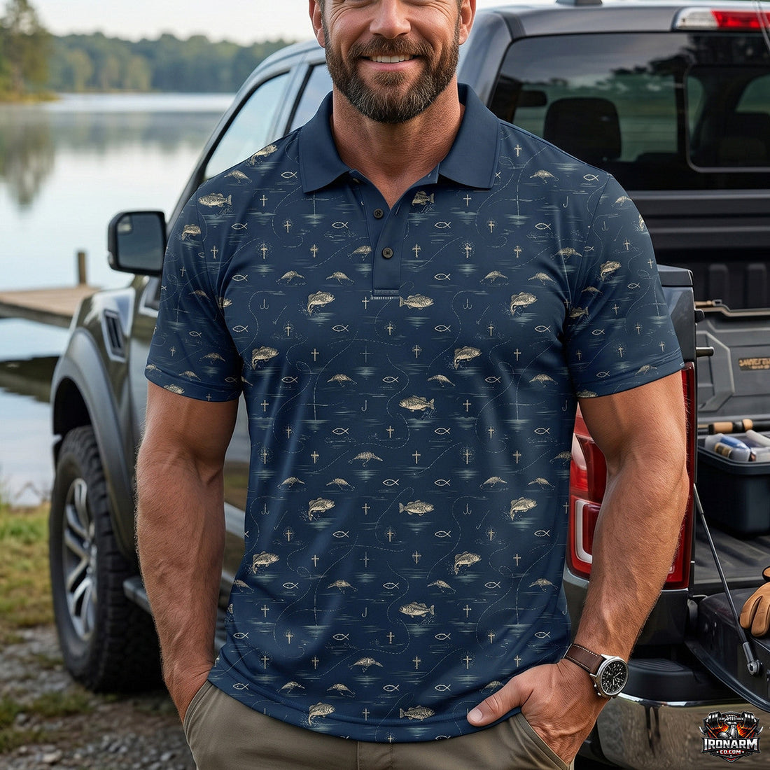 Blue Christian Fishing Pattern Polo Shirt BFP1014