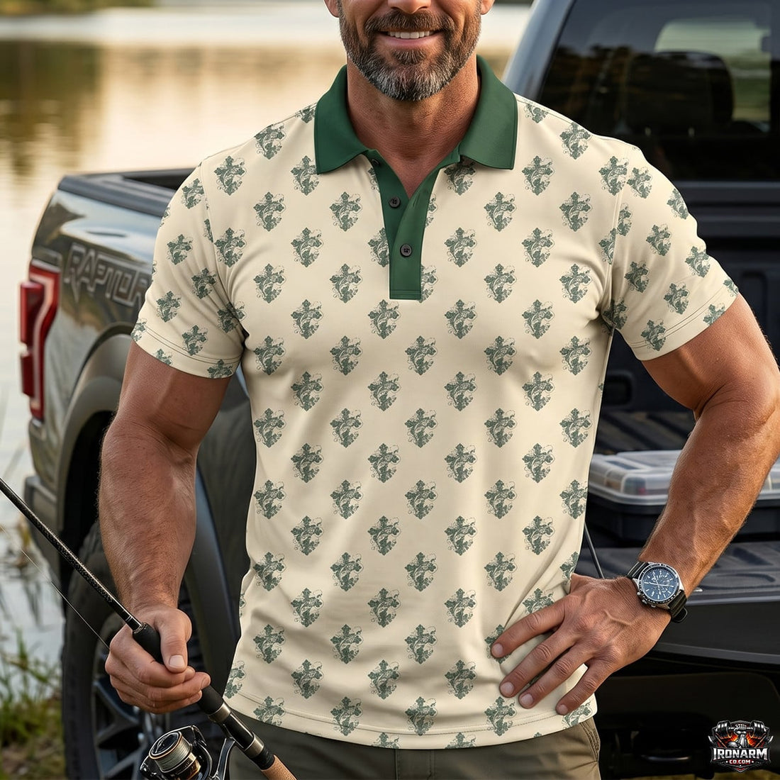 Cream Green Christian Fishing Pattern Polo Shirt BFP1015