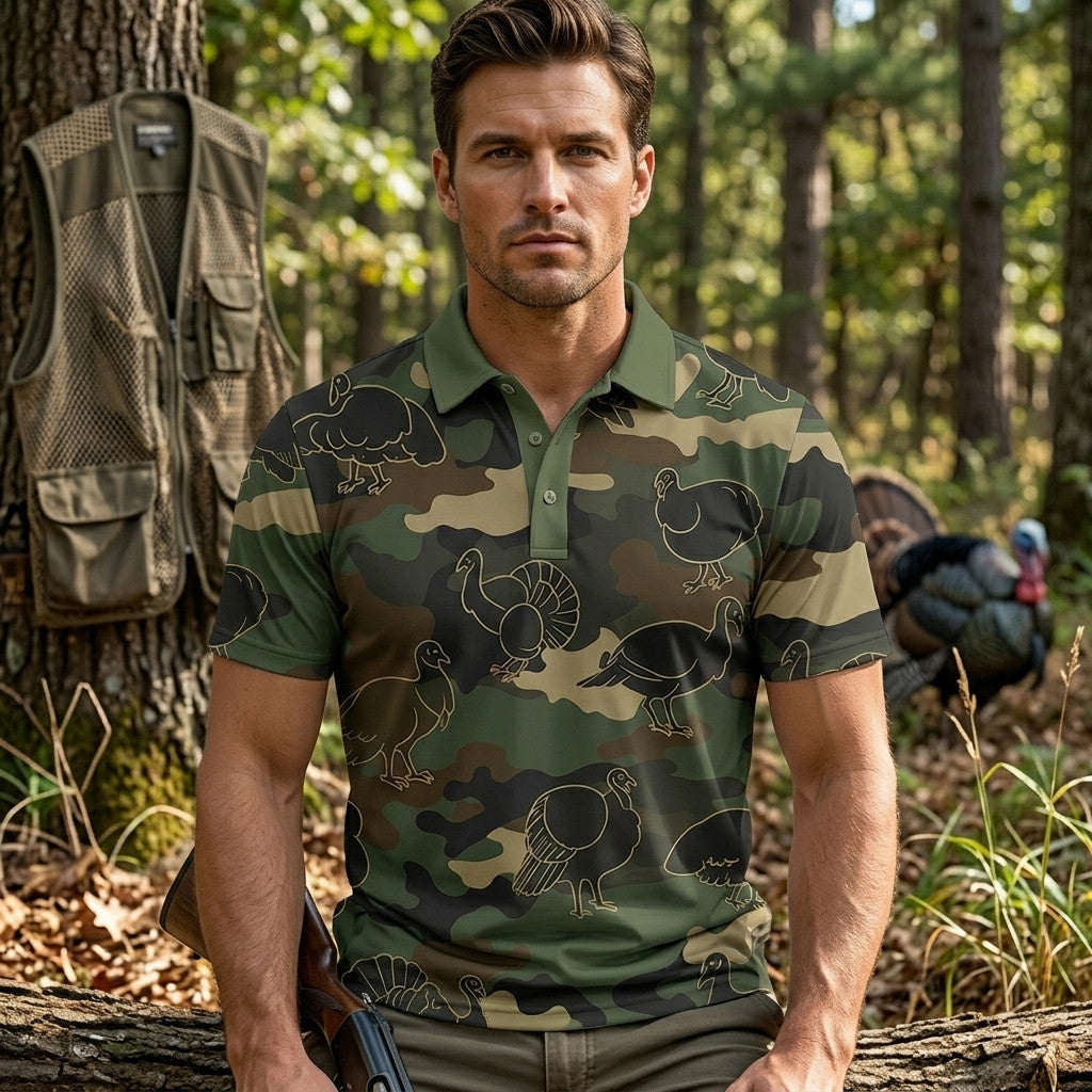 Wild Turkey Hunting Camo Seamless Pattern Men Polo Shirt