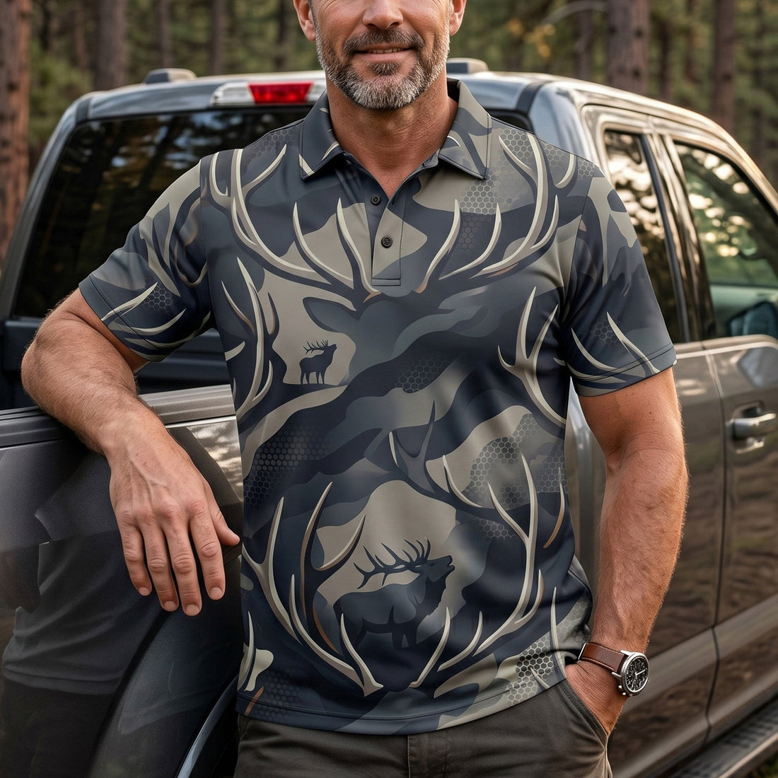 Elk Antler Crown Hunting Polo Shirt EHP1006