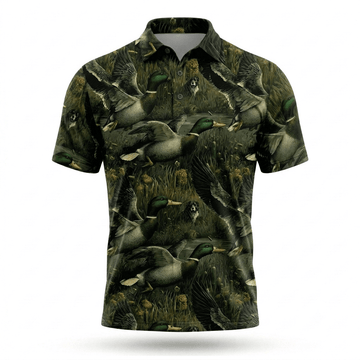 Mallard Duck Hunting Moss Green Vintage Men Polo Shirt