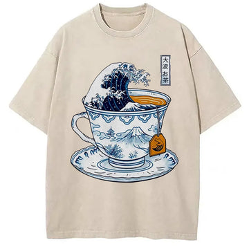 Personality fashion The Great Kanagawa Tea Japan Culture Creative Washed T-Shirt