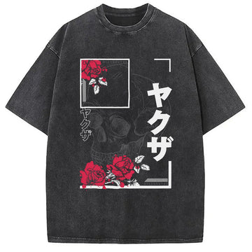 Personality fashion Skull And Roses Japanese Washed T-Shirt