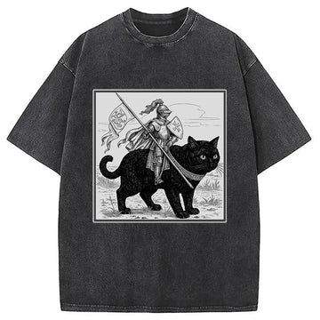 Personality fashion Renaissance Fair Knight Cat Ride Washed T-Shirt