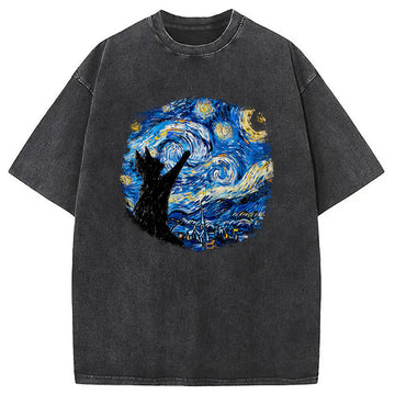 Personality fashion Starry Night Cat Washed T-Shirt