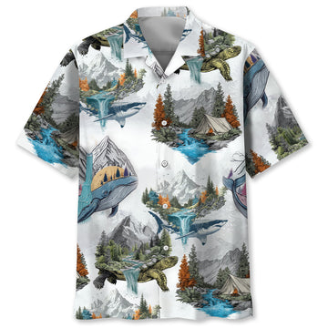 Camping Turtle, Shark, Whale Hawaiian Shirt