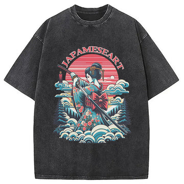 Personality fashion Geisha Samurai Japanese Art Washed T-Shirt