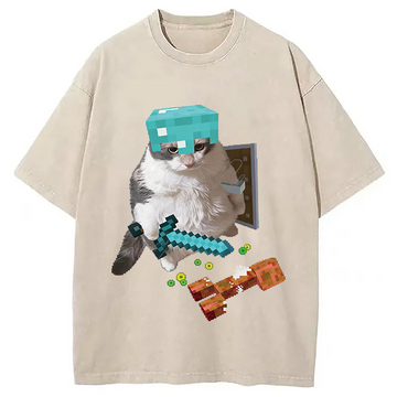 Personality fashion Diamond Armor Cat Creeper Washed T-Shirt
