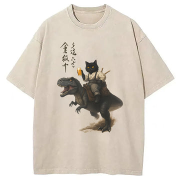 Personality fashion Samurai Cat Rides a Dino Washed T-Shirt