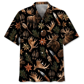 Moose Hunting Retro Black Hawaiian Shirt