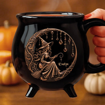 Moonlit Magic Witch - Personalized Halloween Black Ceramic Witch Mug - Halloween Gift For Family, Sisters, Friends, Siblings