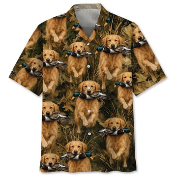 Camouflage Golden Retriever Running with Mallard Duck Hawaiian Shirt
