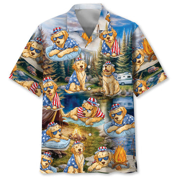 America Funny Golden Retriever Camping Hawaiian Shirt