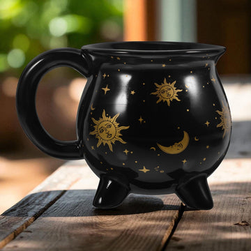 Witch Coffee Mug Black Ceramic Cup with Moon and Stars, Halloween Gift for Her, Witchy Kitchen Decor, Spooky Fall Drinkware Gift