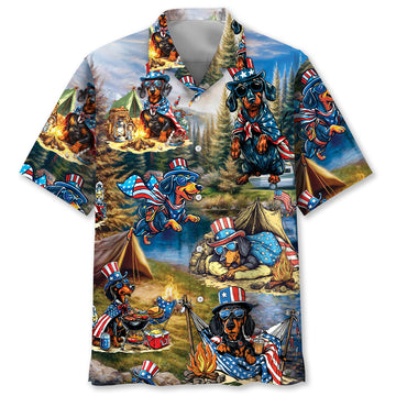 America Funny Dachshund Camping Hawaiian Shirt