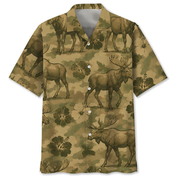 Moose Hibiscus Camouflage Hawaiian Shirt