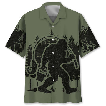Bigfoot Fishing Green Military Hawaiian Shirt