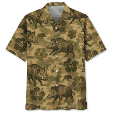 Hog Hibiscus Camouflage Hawaiian Shirt