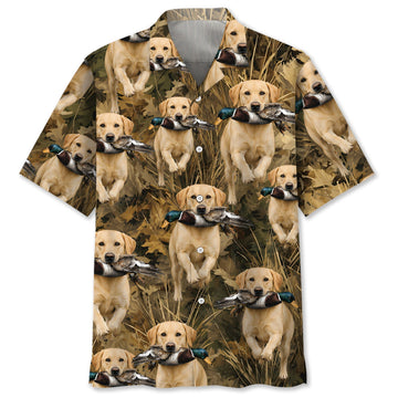Camouflage Yellow Labrador Retriever Running with Mallard Duck Hawaiian Shirt