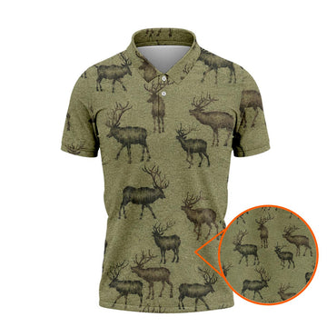 Elk Pattern Polo Shirt Olive Green Hunting Shirt For Men