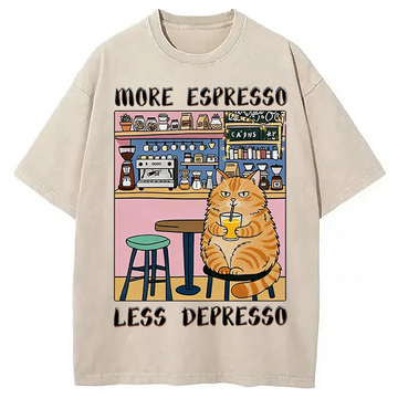 Personality fashion Orange Cat Drinking Washed T-Shirt