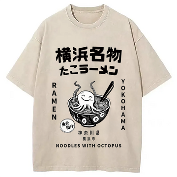 Personality fashion Japanese Kanji Art Octopus Ramen Washed T-Shirt
