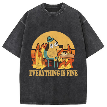 Personality fashion Everything Is Fine Dog Meme Washed T-Shirt