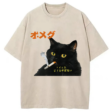 Personality fashion Smoking Cat Japanese Washed T-Shirt