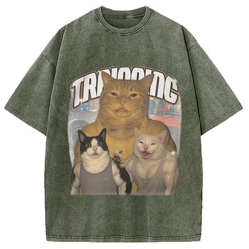 Personality fashion Muscle Cats Washed T-Shirt