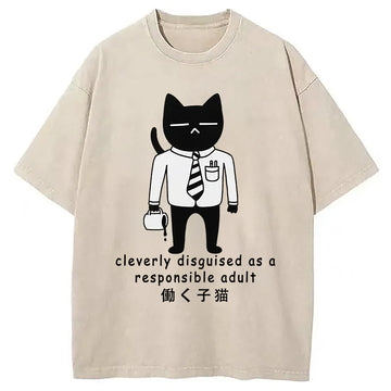 Personality fashion Cat At Work Japan Washed T-Shirt
