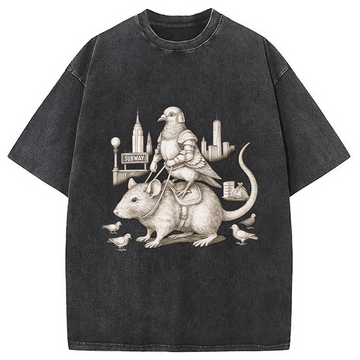 Personality fashion Pigeon Knight Riding Rat Washed T-Shirt