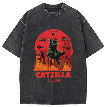 Personality fashion Catzilla Cat Japanese Vintage Washed T-Shirt