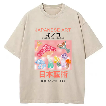 Personality fashion Pink Mushroom Japanese Art Washed T-Shirt