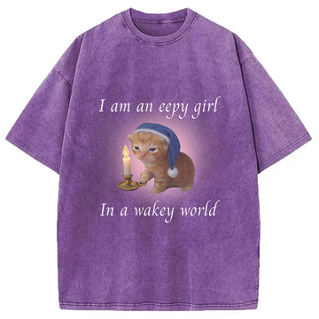 Personality fashion Eepy Girl Cat Meme Washed T-Shirt