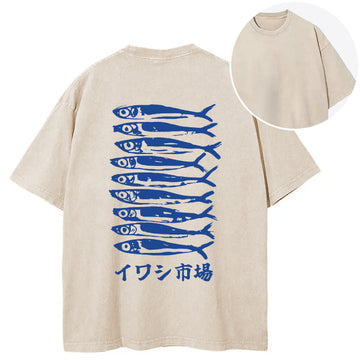 Personality fashion Japanese Sardine Market Back Washed T-Shirt