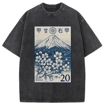 Personality fashion Vintage Sakura Stamp Washed T-Shirt