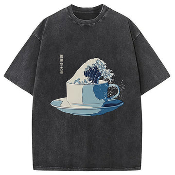 Personality fashion Retro Teacup Wave Washed T-Shirt