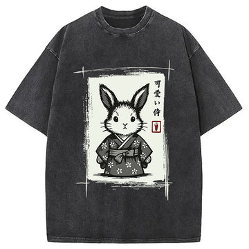 Personality fashion Woodcut Bunny Washed T-Shirt