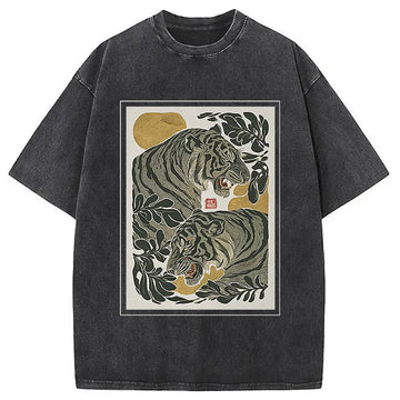 Personality fashion Woodcut Tiger Washed T-Shirt