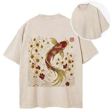 Personality fashion Vintage Sakura And Koi Back Washed T-Shirt