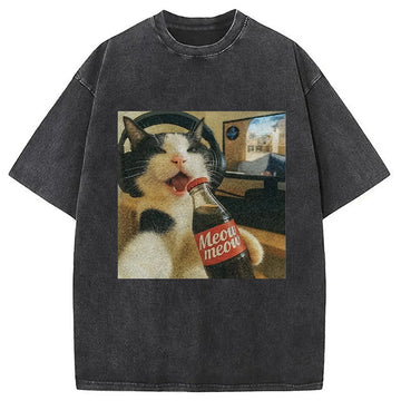 Personality fashion Cat Play Game Meme Washed T-Shirt
