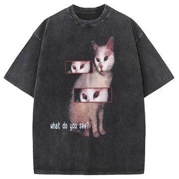 Personality fashion American Retro Cat Washed T-Shirt