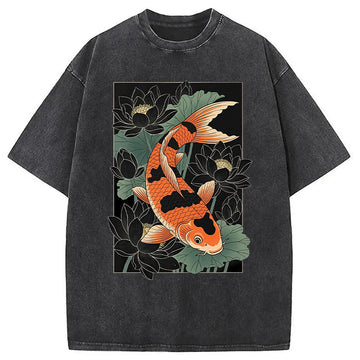 Personality fashion Vintage Japanese Koi Fish Washed T-Shirt