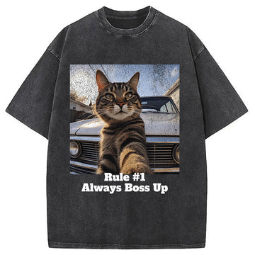 Personality fashion Always Boss Up Funny Cat Meme Washed T-Shirt
