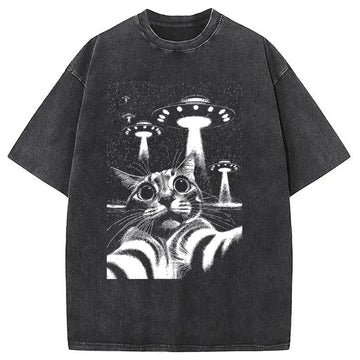 Personality fashion Alien Come For Cat Washed T-Shirt