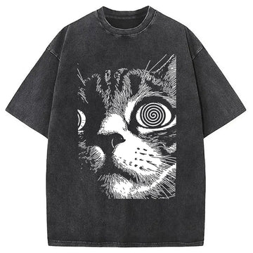 Personality fashion Psychedelic Cat Washed T-Shirt