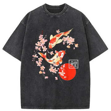 Personality fashion Cherry Blossom Koi Carp Fish Japanese Sakura Washed T-Shirt